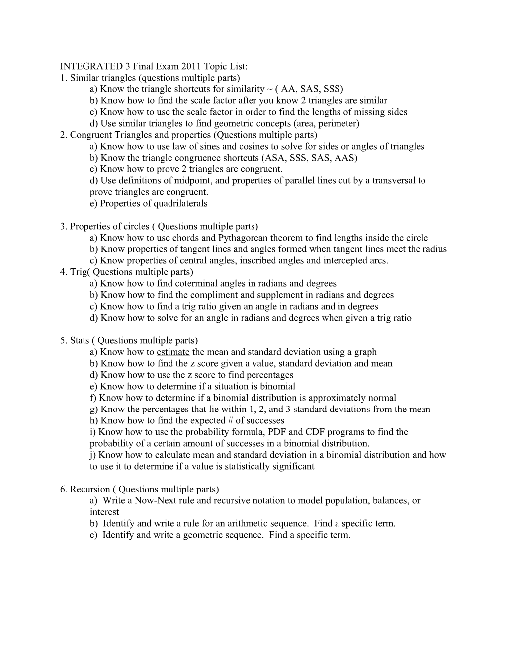 INTEGRATED 3 Final Exam 2011 Topic List