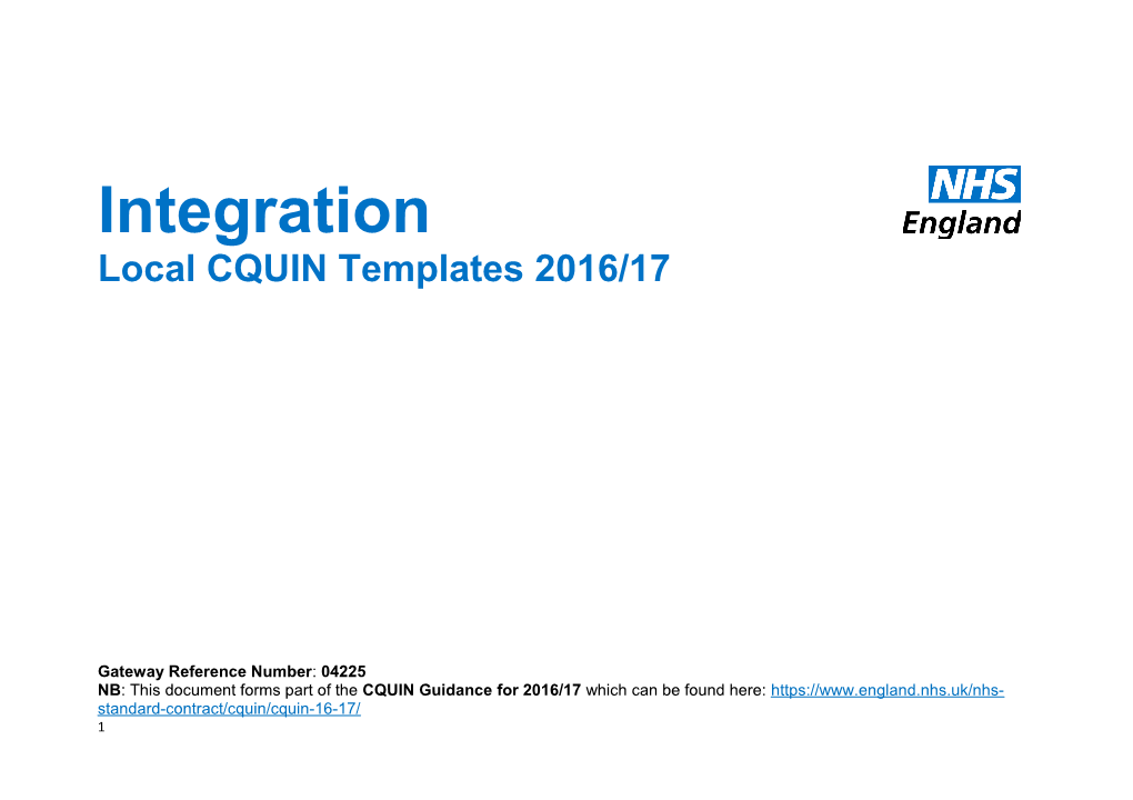 Integration: Local CQUIN Templates 2016/17