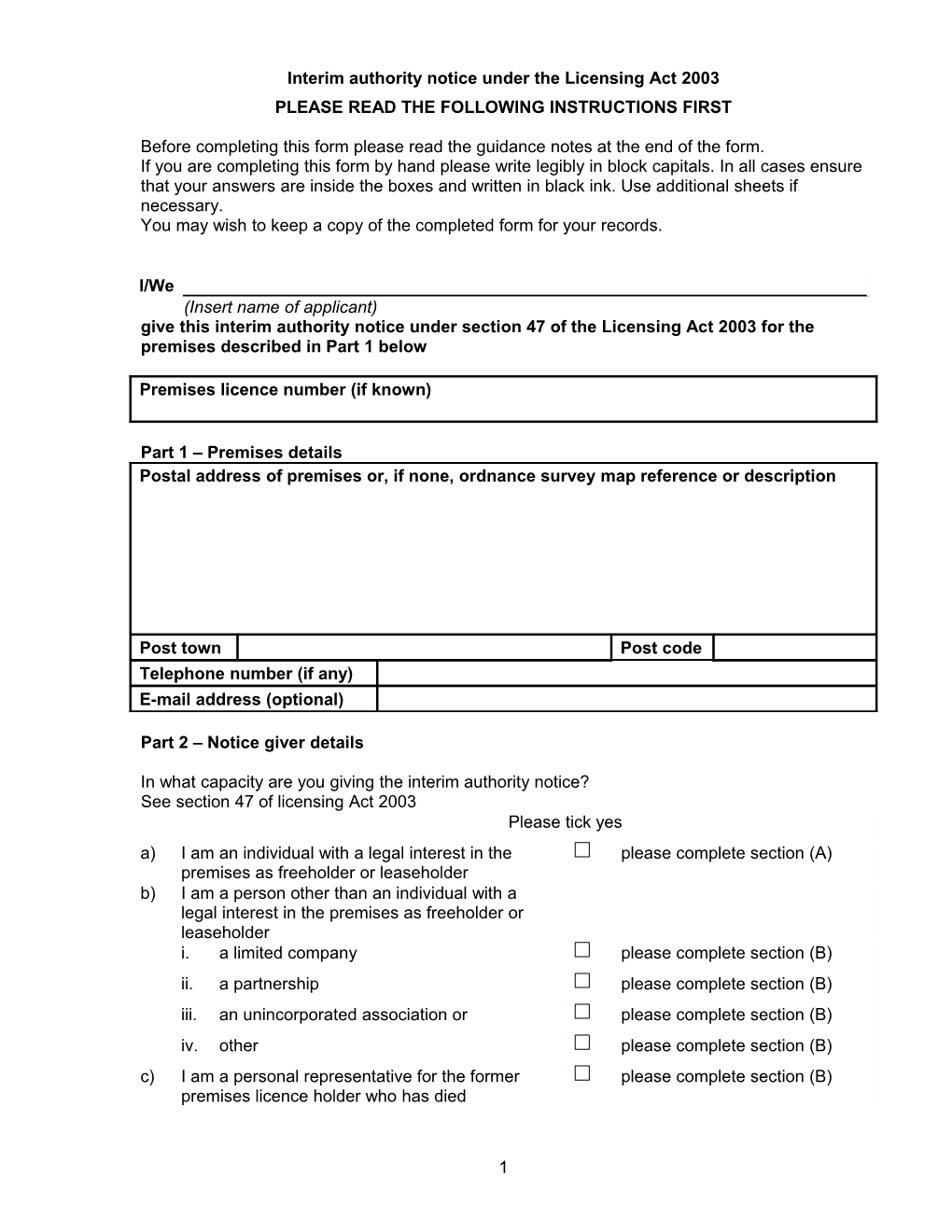Interim Authority Notice Under the Licensing Act 2003 (Updated 1 January 2011)