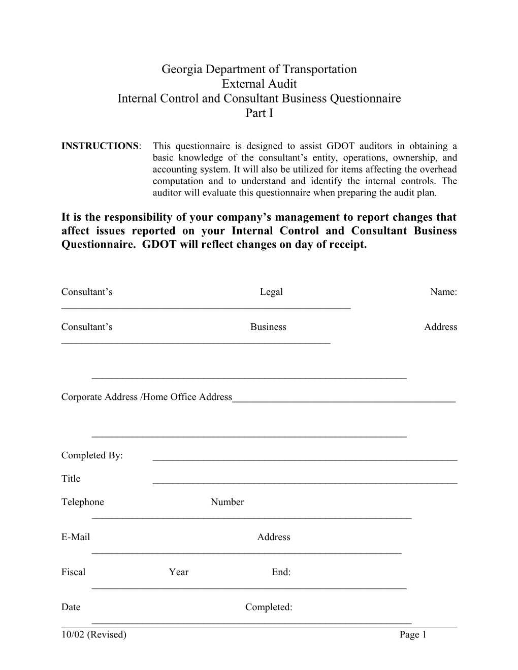 Internal Control and Consultant Business Questionnaire