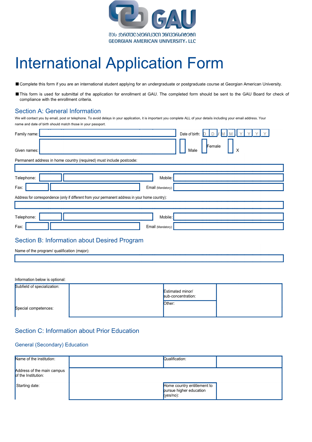 International Application Form