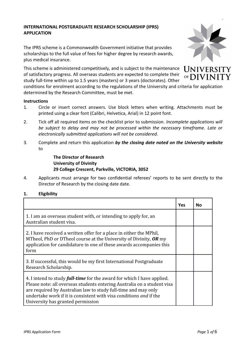 International Postgraduate Research Scholarship (Iprs) Application