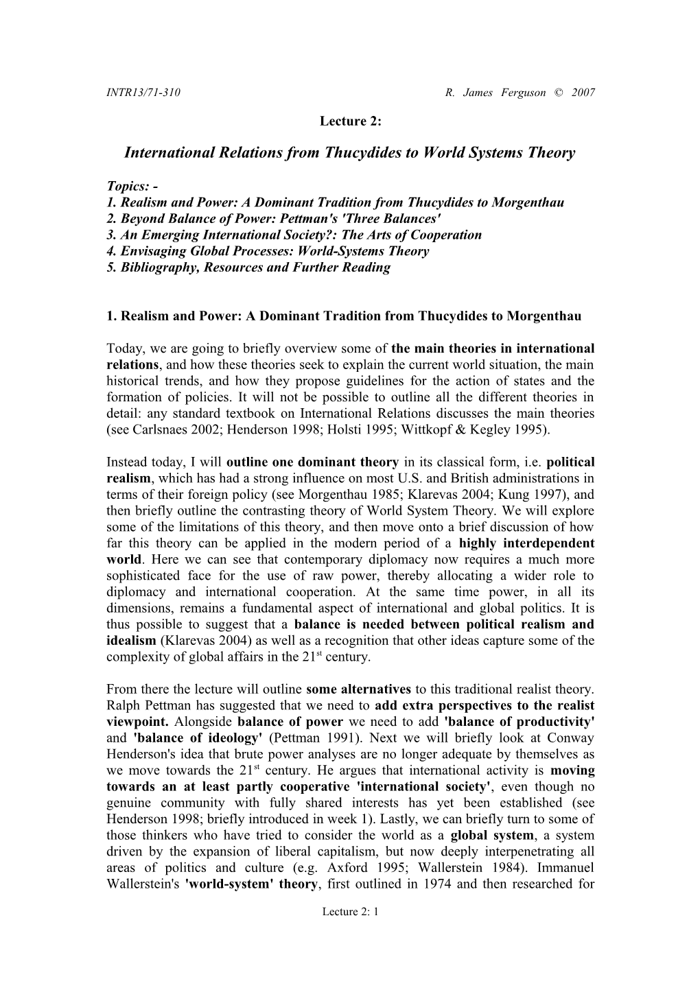 International Relations from Thucydides to World Systems Theory