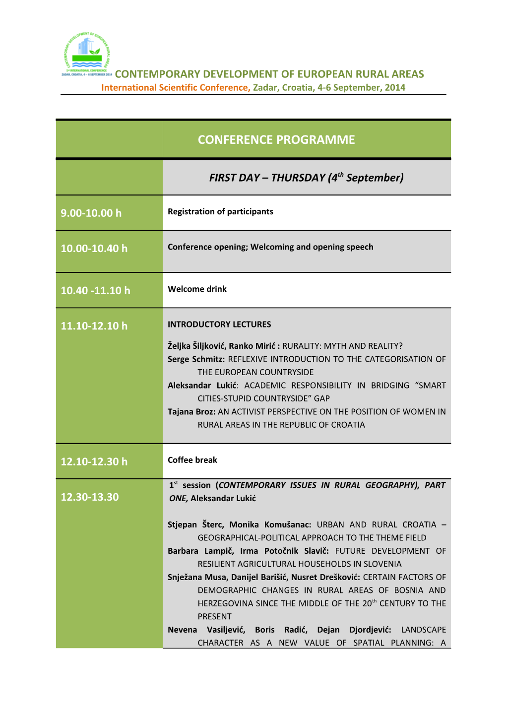International Scientific Conference, Zadar, Croatia, 4-6 September, 2014
