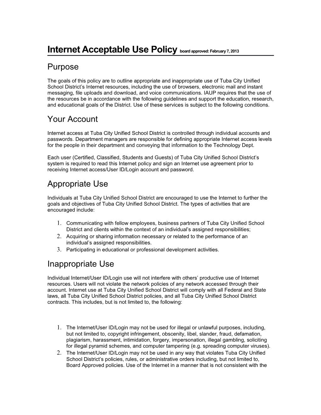 Internet Acceptable Use Policyboard Approved: February 7, 2013