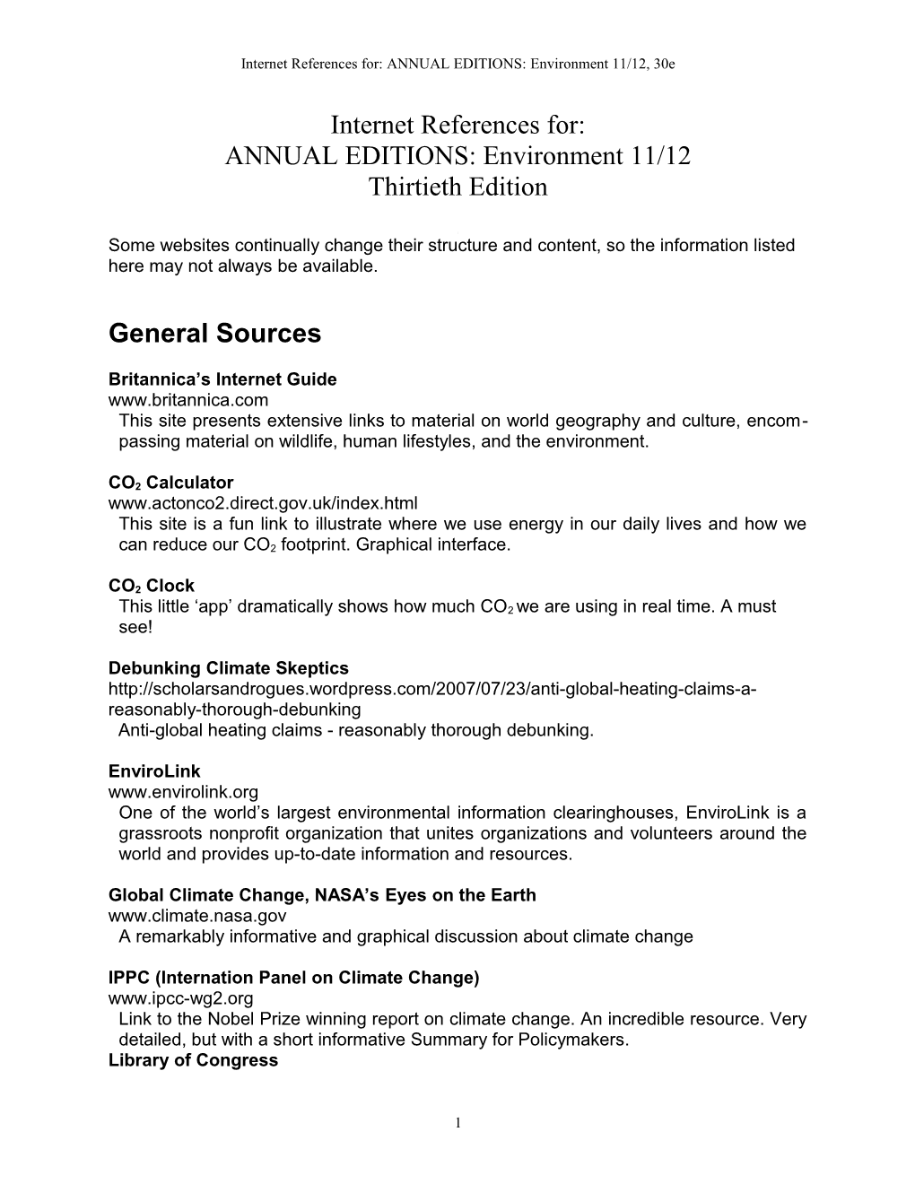 Internet References For: ANNUAL EDITIONS: Environment 11/12, 30E