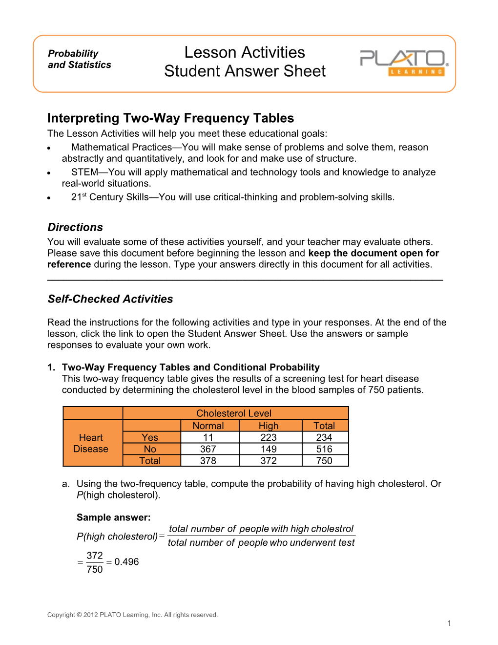 Interpreting Two-Way Frequency Tables