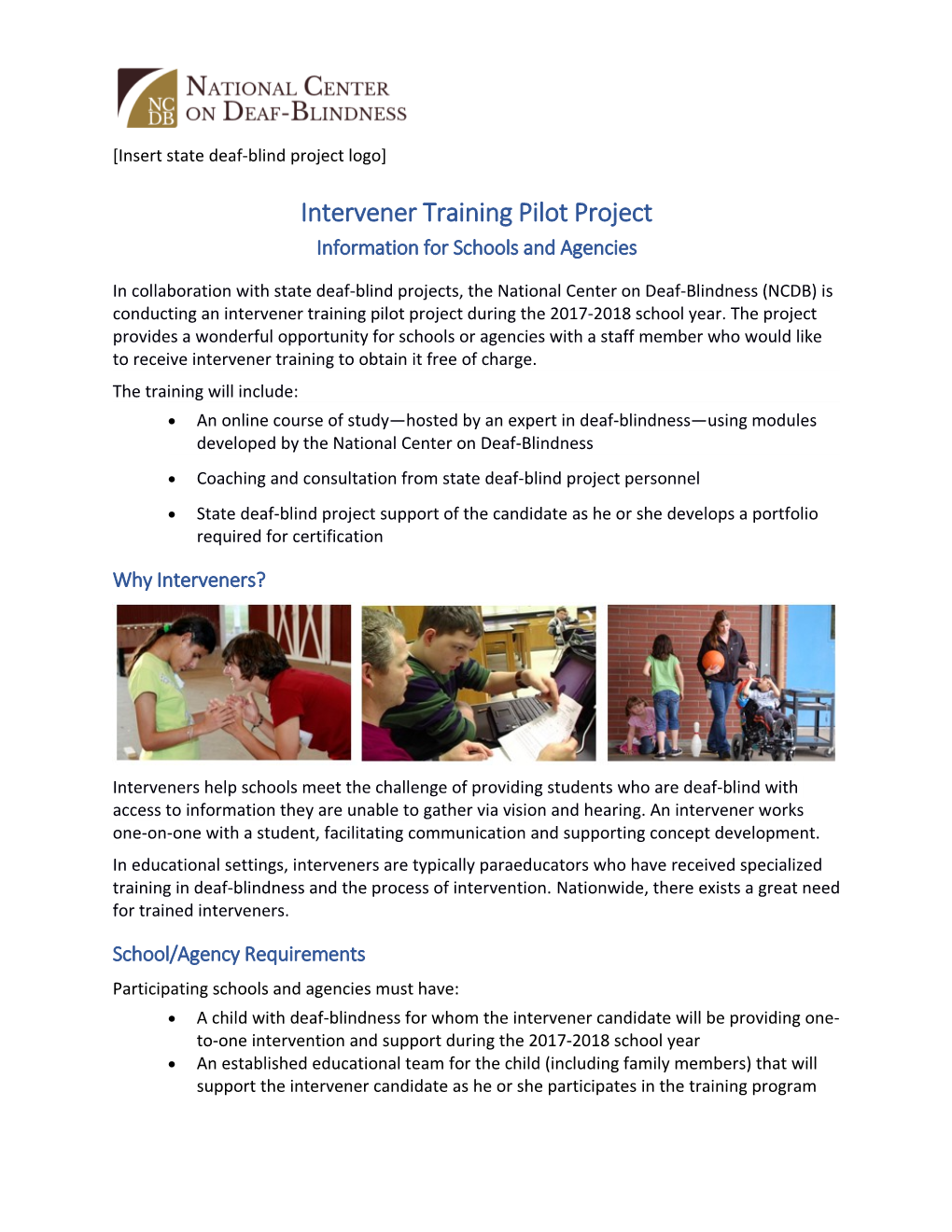 Intervener Training Pilot Project: Information for Schools and Agencies