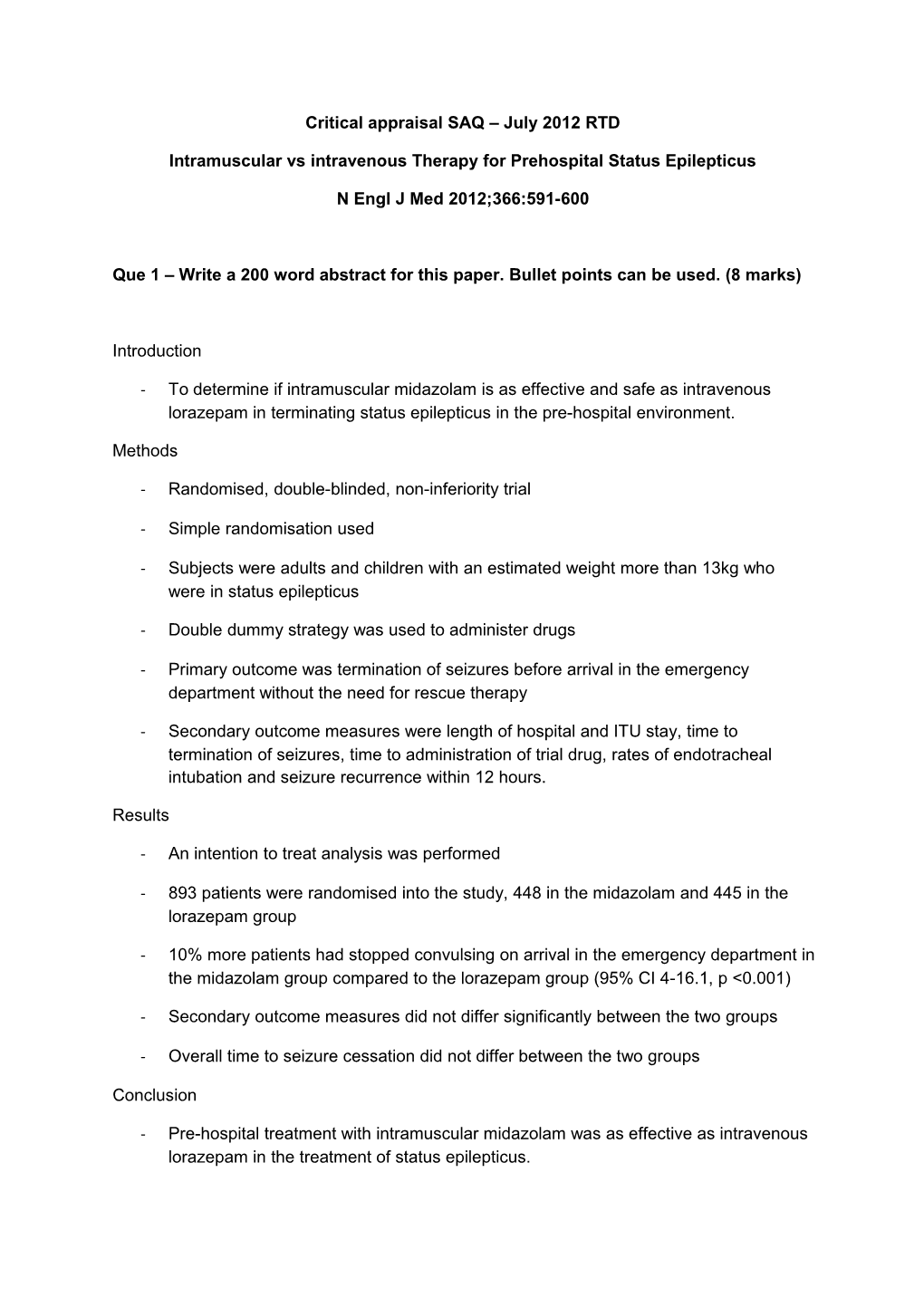 Intramuscular Vs Intravenous Therapy for Prehospital Status Epilepticus