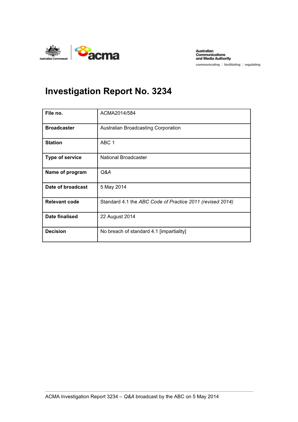 Investigation Report No. 3234