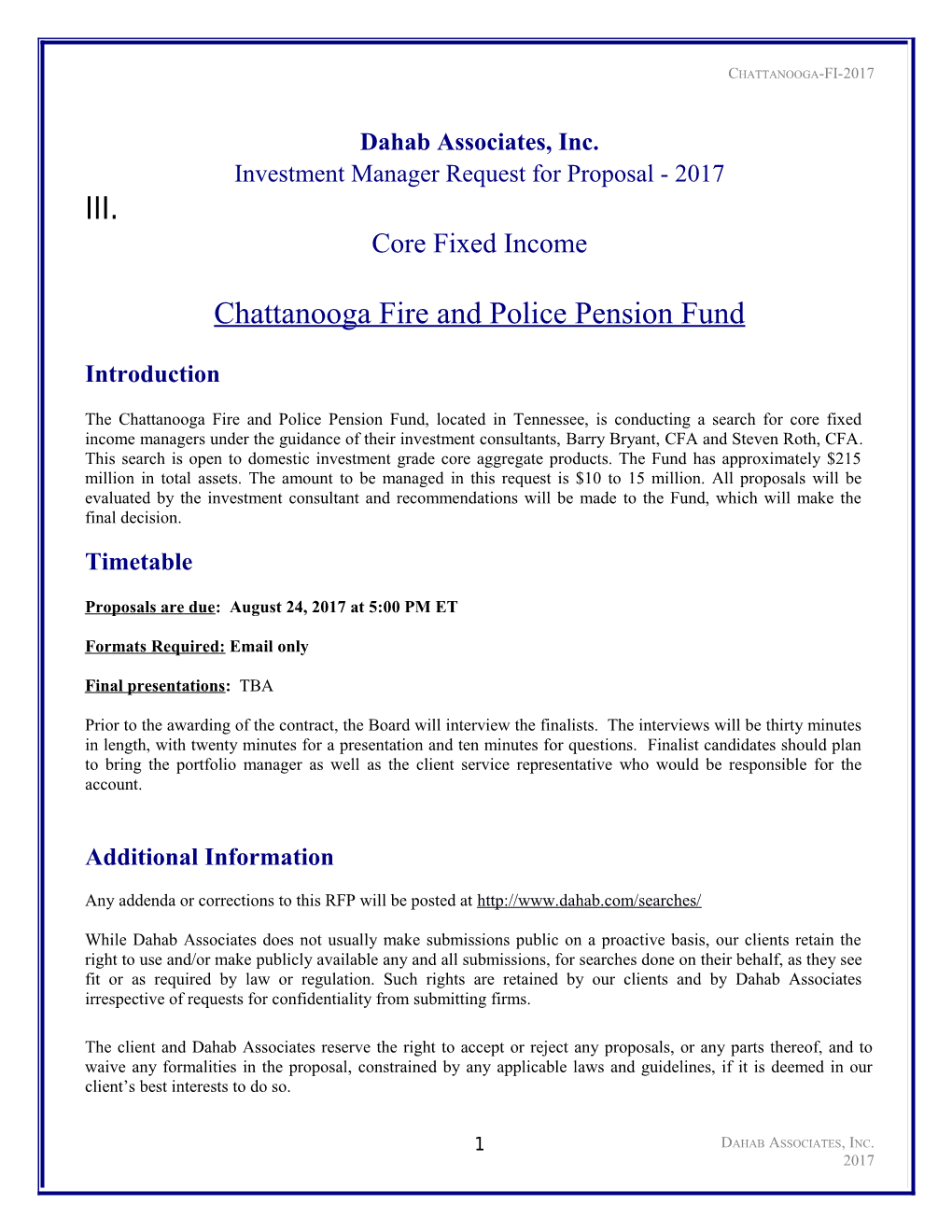 Investment Manager Request for Proposal - 2017