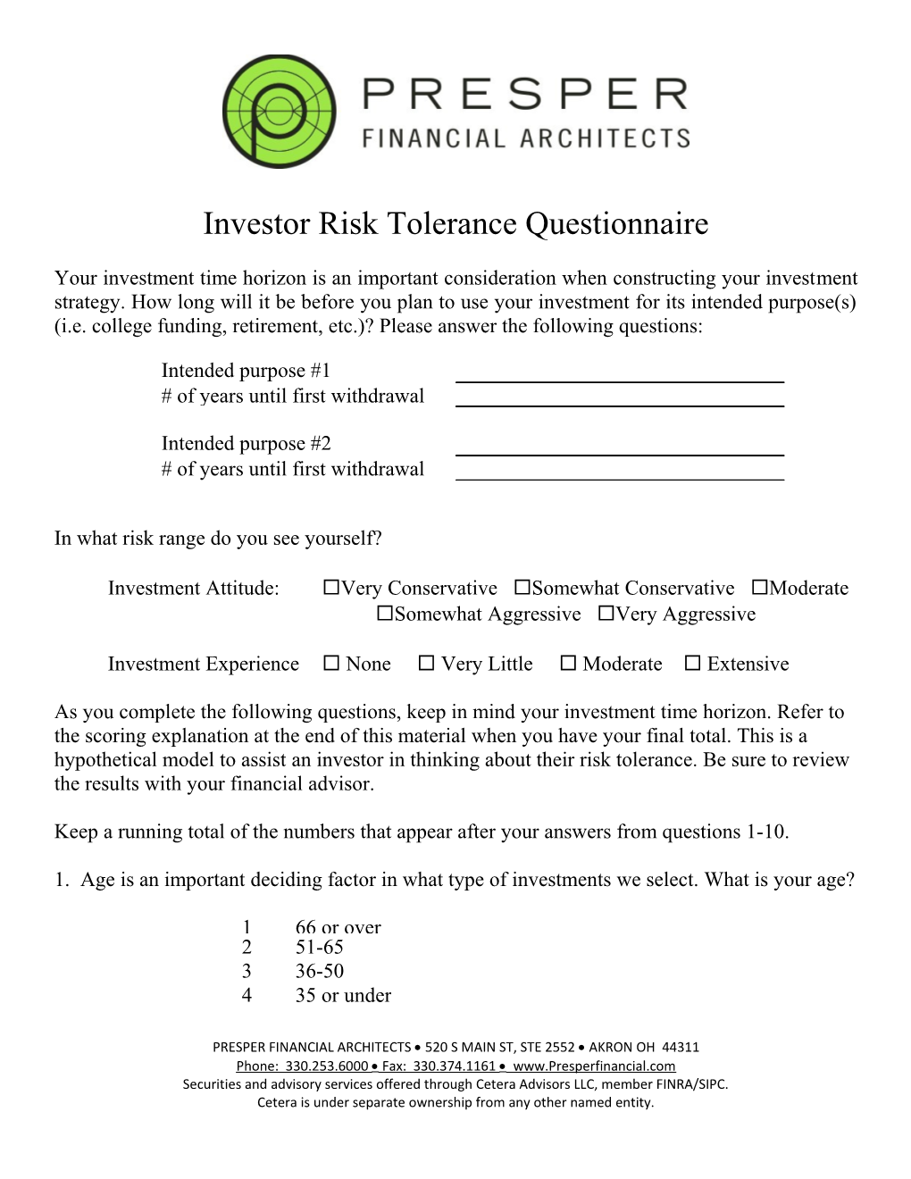 Investor Risk Tolerance Questionnaire