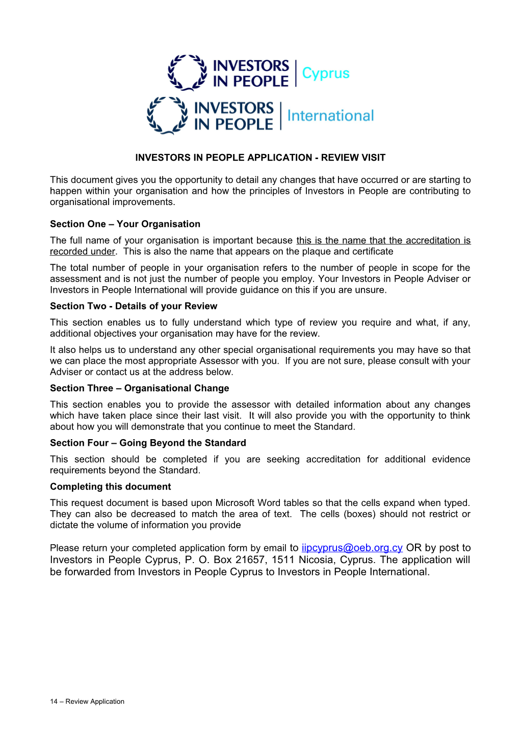 Investors in People Application - Review Visit