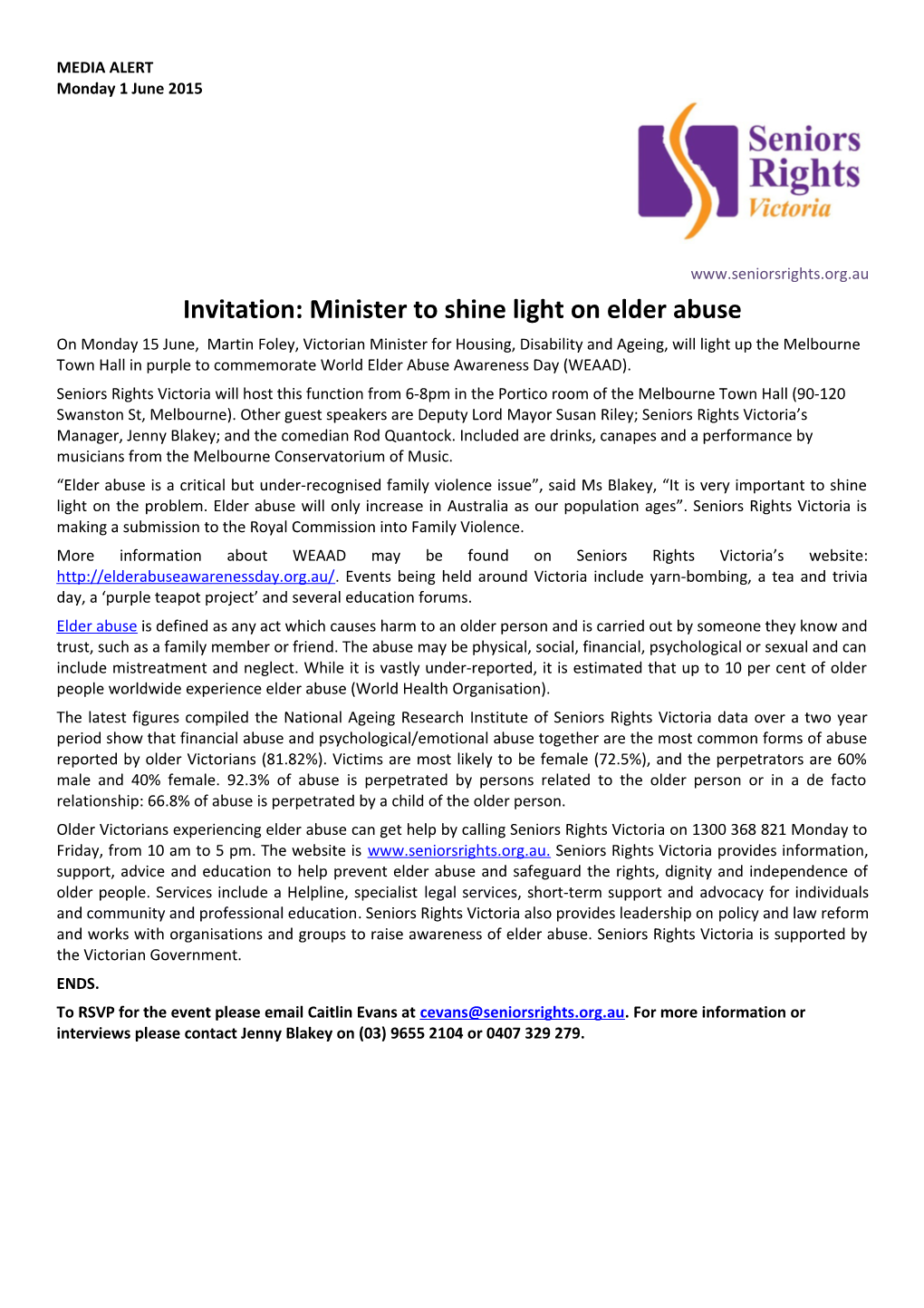 Invitation: Minister to Shine Light on Elder Abuse