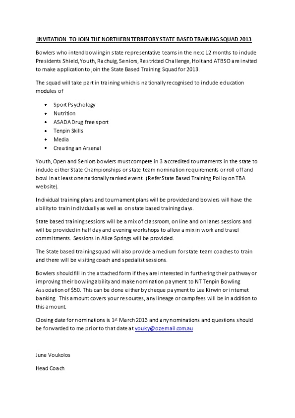Invitation to Join the Northern Territory State Based Training Squad 2013