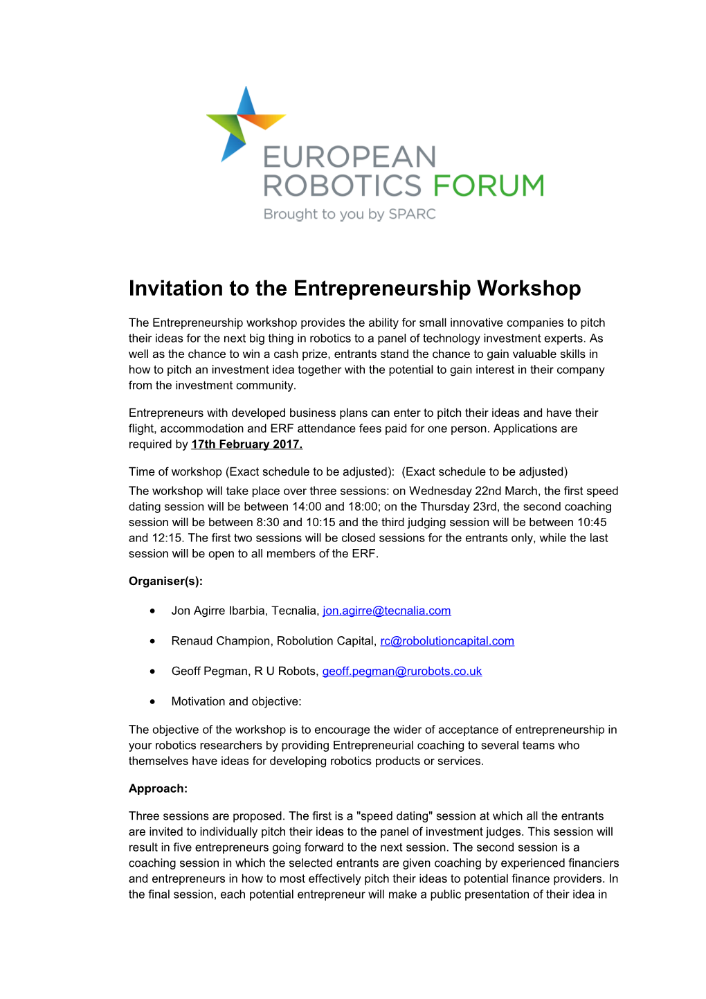 Invitation to the Entrepreneurship Workshop