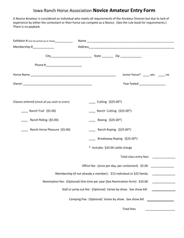 Iowa Ranch Horse Association Noviceamateur Entry Form