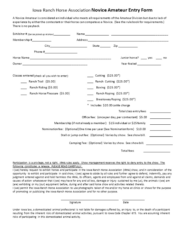 Iowa Ranch Horse Association Noviceamateur Entry Form