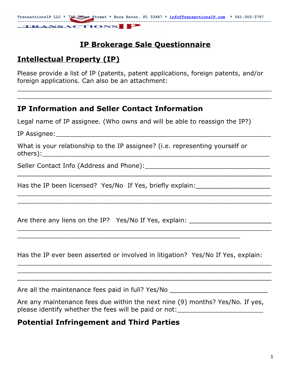 IP Brokerage Sale Questionnaire