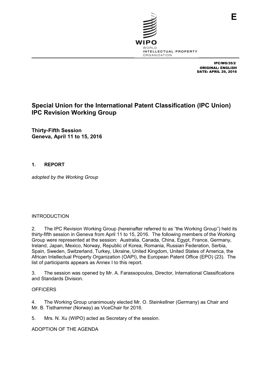 IPC/WG/35/2 - Report of the 35Th Session of the IPC Revision Working Group