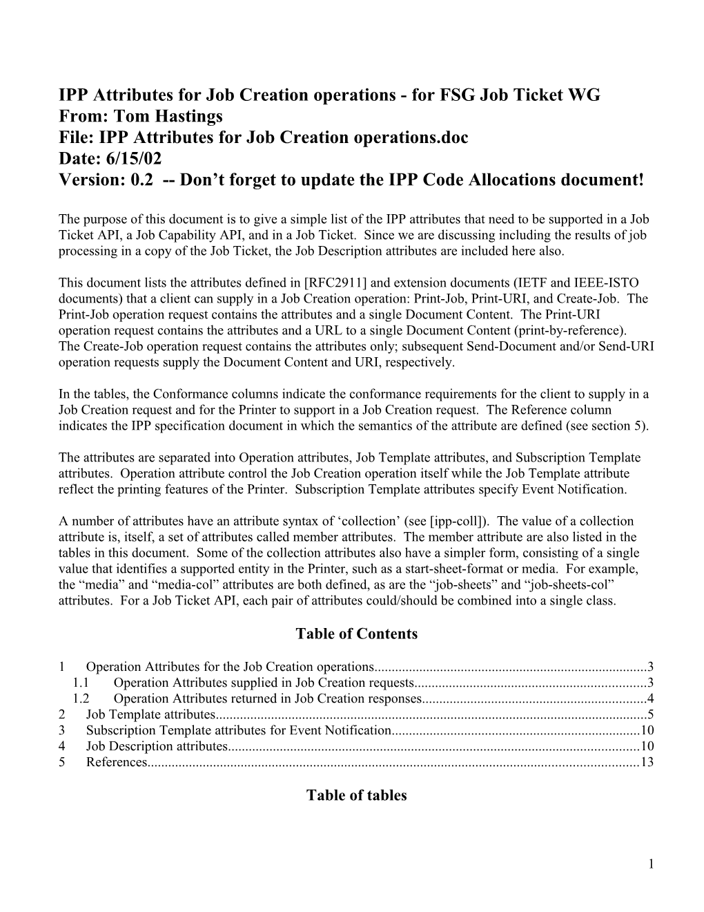 IPP Attributes for Job Creation Operations - for FSG Job Ticket WG