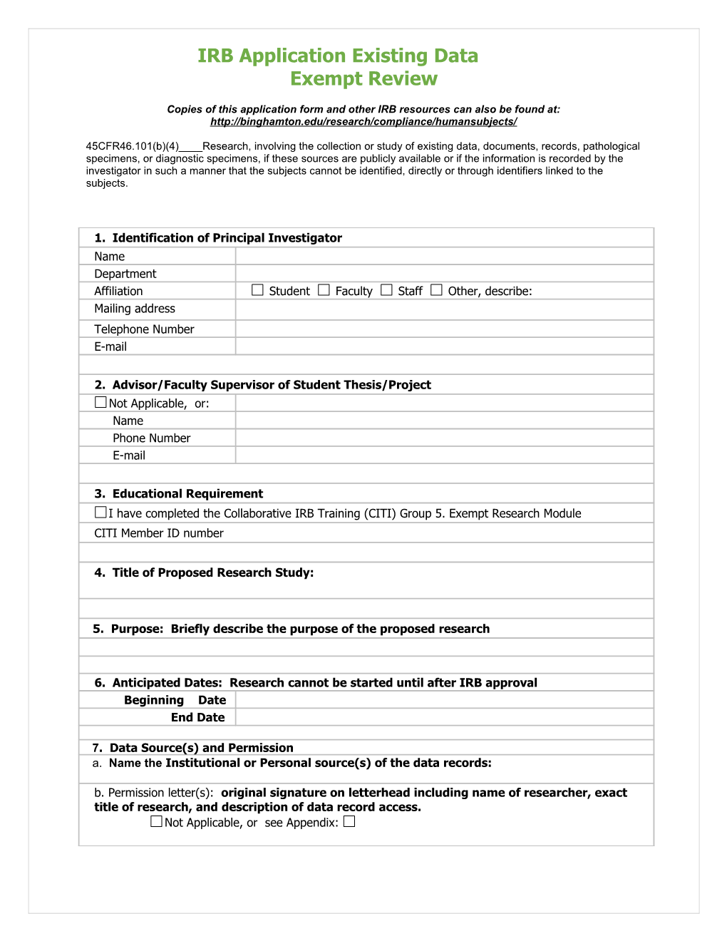 IRB Application for Use of Existing Data Administrative Review