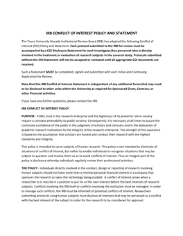 Irb Conflict of Interest Policy and Statement