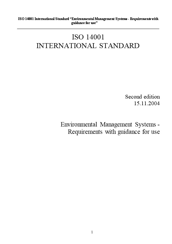 ISO 14001 International Standard Environmental Management Systems - Requirements with Guidance