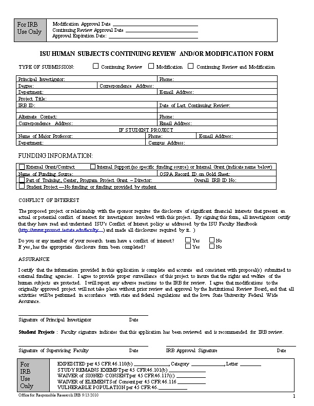Isu Human Subjects Continuing Review And/Or Modification Form