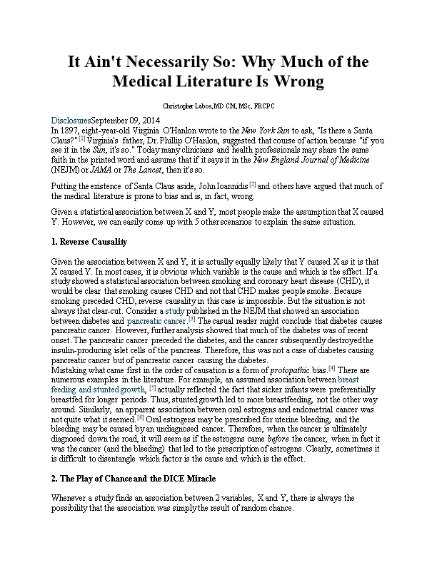 It Ain't Necessarily So: Why Much of the Medical Literature Is Wrong