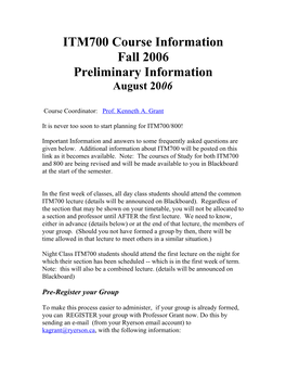 ITM700 Course Information: Fall 2005 Preliminary Information