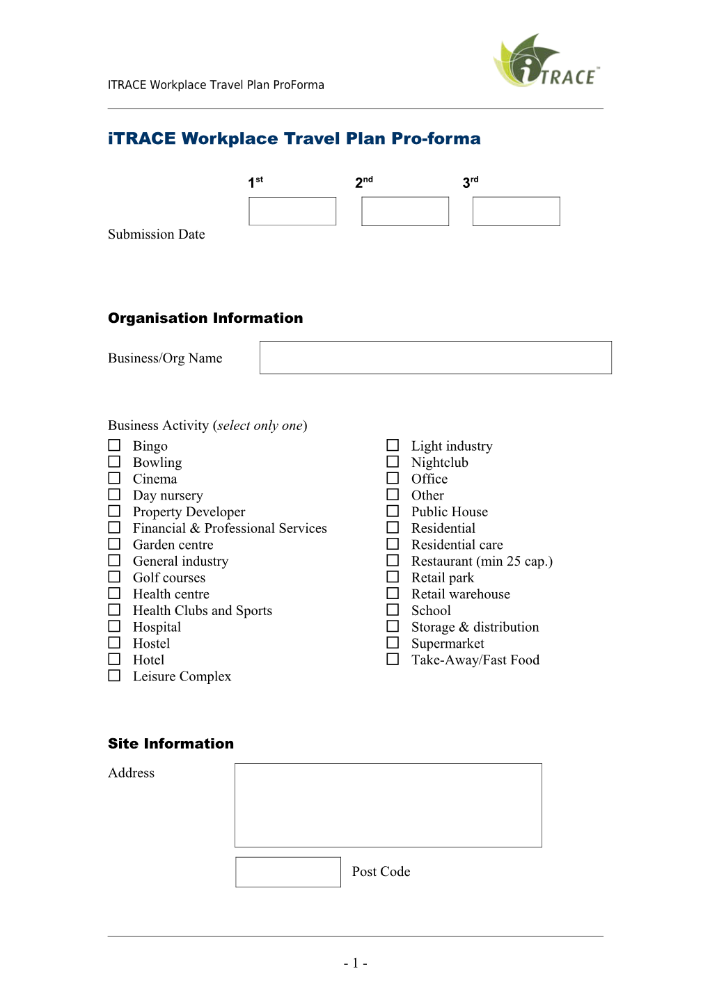 Itrace Workplace Travel Plan Pro-Forma