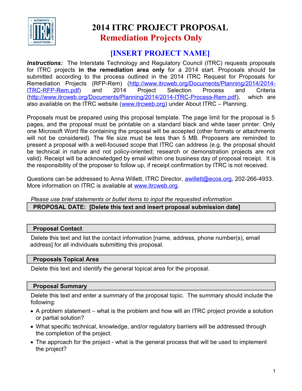 Itrc Project Proposal: Insert Project Name