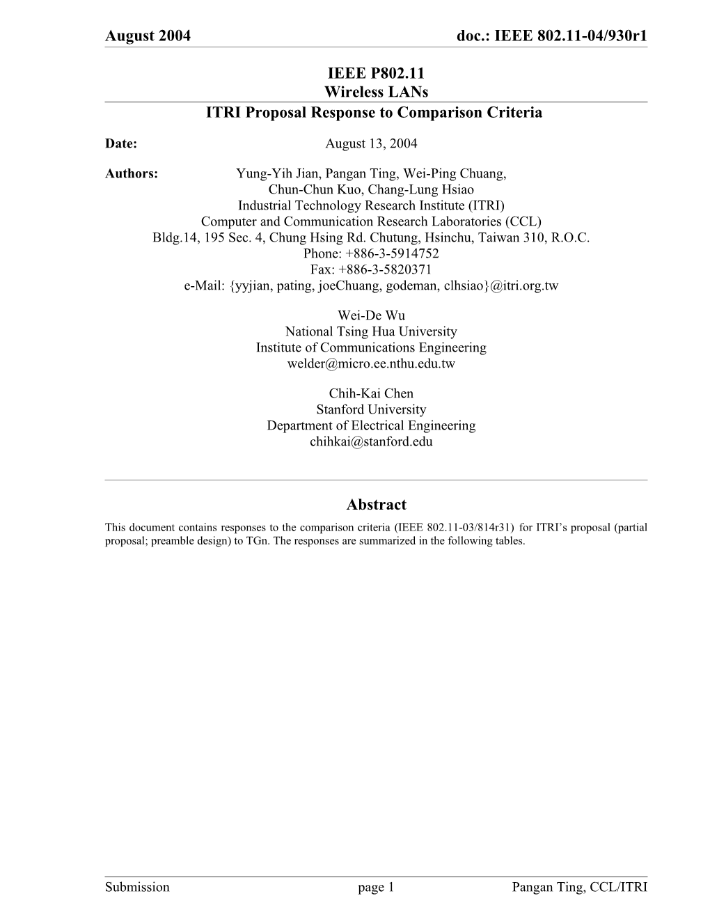 ITRI Proposal Response to Comparison Criteria