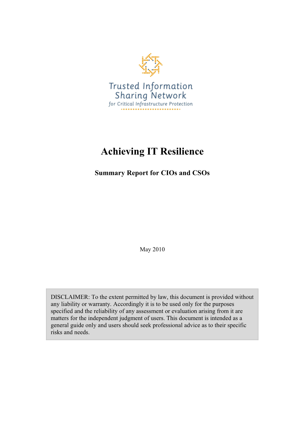 ITSEAG Resilience Paper CEO Report - Acheiving IT Resilience - Information for Cios DOC 802KB