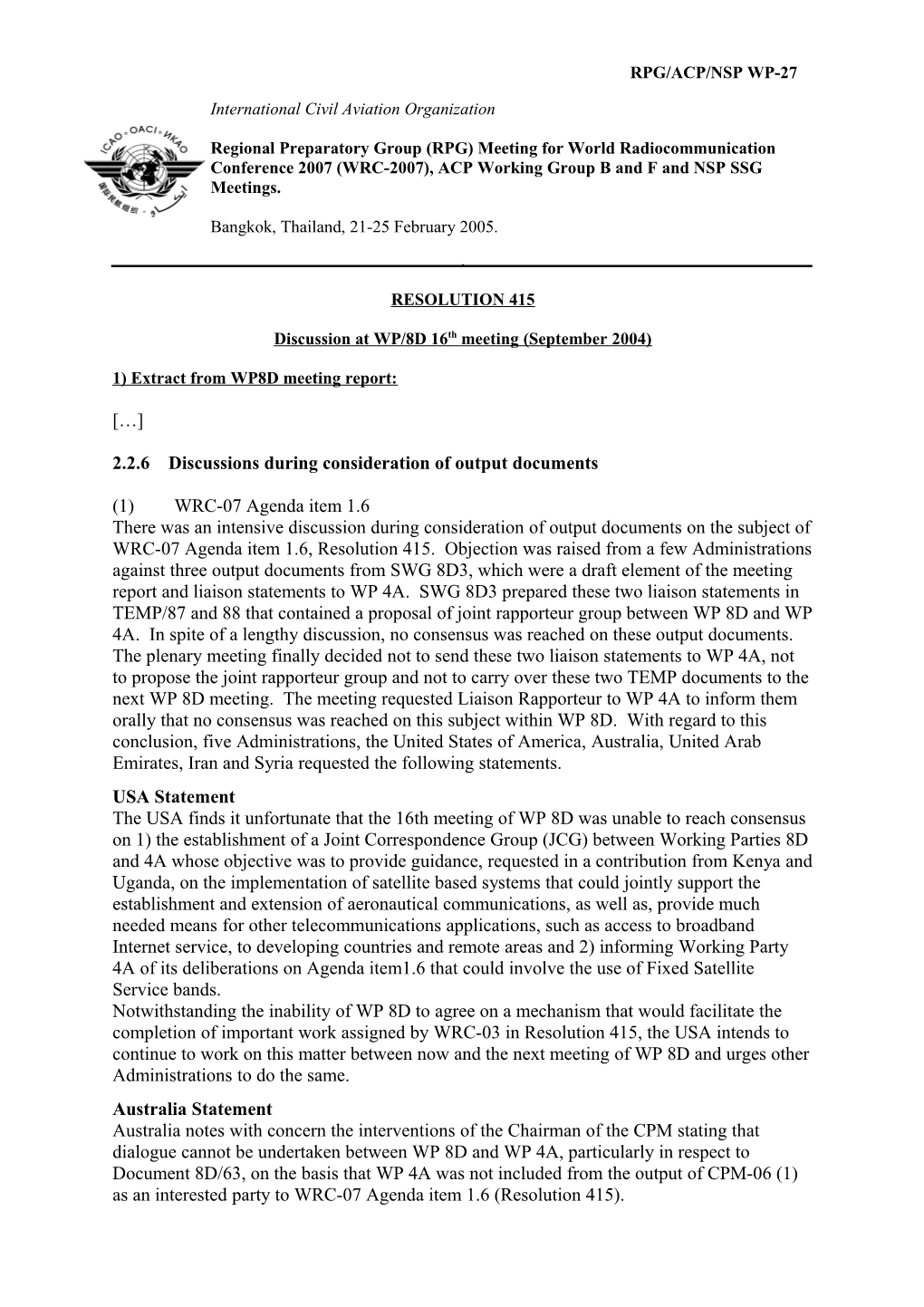 ITU Resolution 415 - Discussion at WP/8D 16Th Meeting (September 2004) - Extract from WP8D
