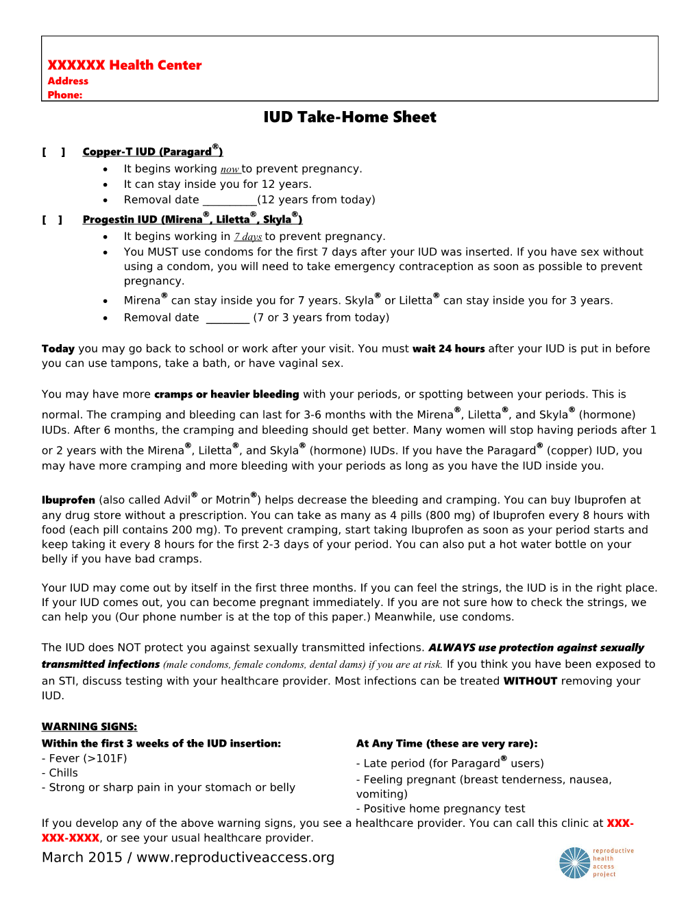 IUD Take-Home Sheet
