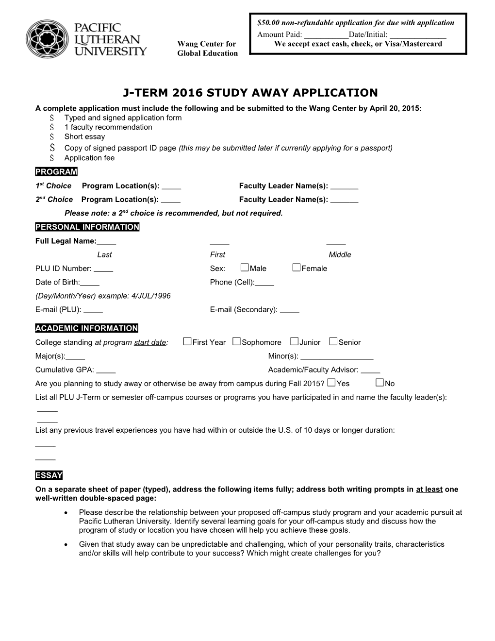J-Term 2016 Study Away Application