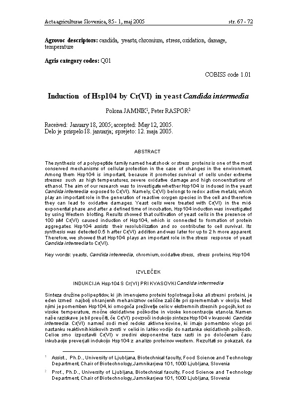 JAMNIK, P., RASPOR, P.: Induction of Hsp104 by Cr(VI) in Yeast Candida Intermedia