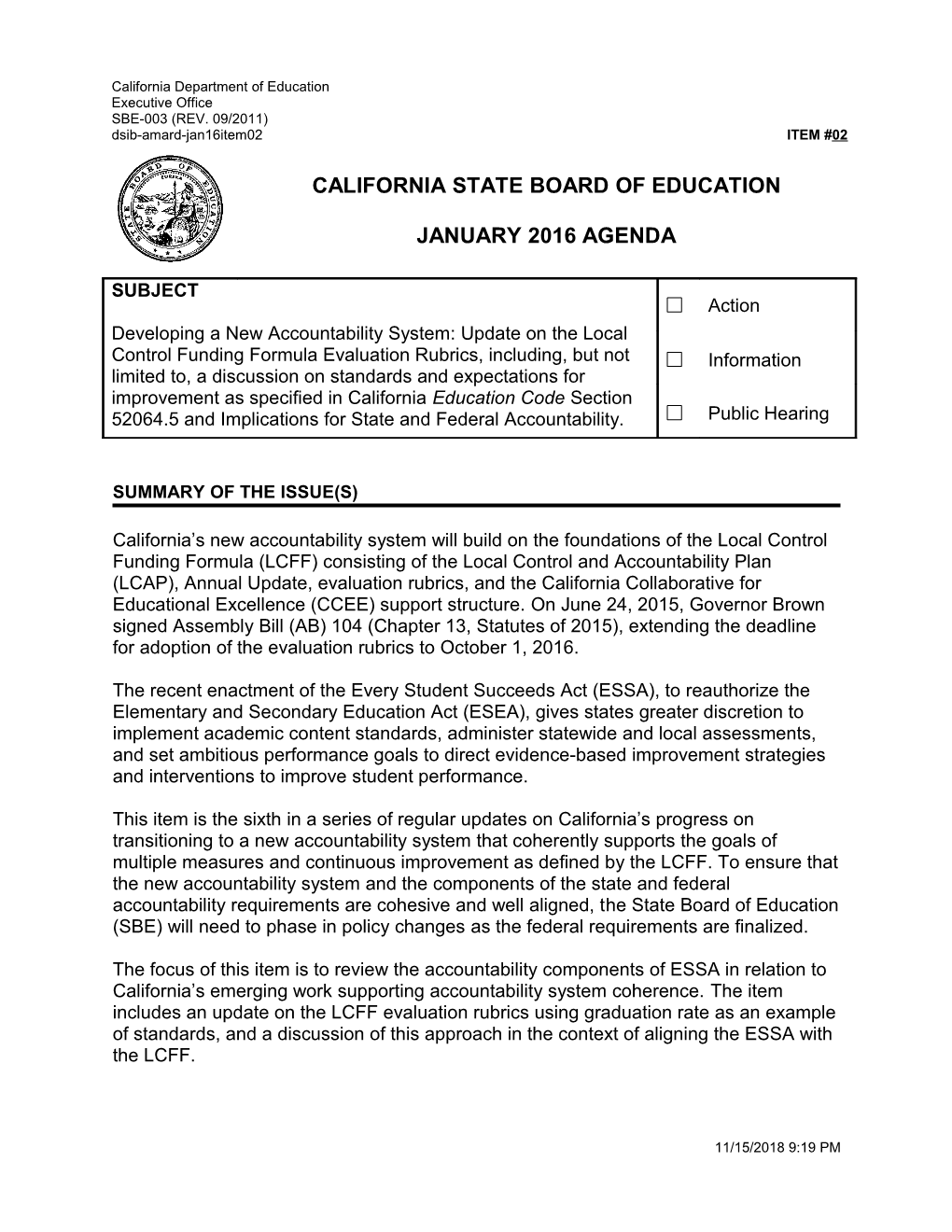 January 2016 Agenda Item 02 - Meeting Agendas (CA State Board of Education)