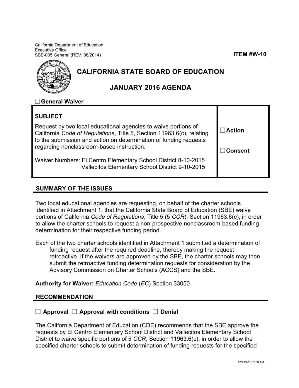 January 2016 Waiver Item W-10 - Meeting Agendas (CA State Board of Education)