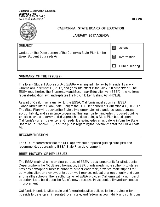 January 2017 Agenda Item 04 - Meeting Agendas (CA State Board of Education)