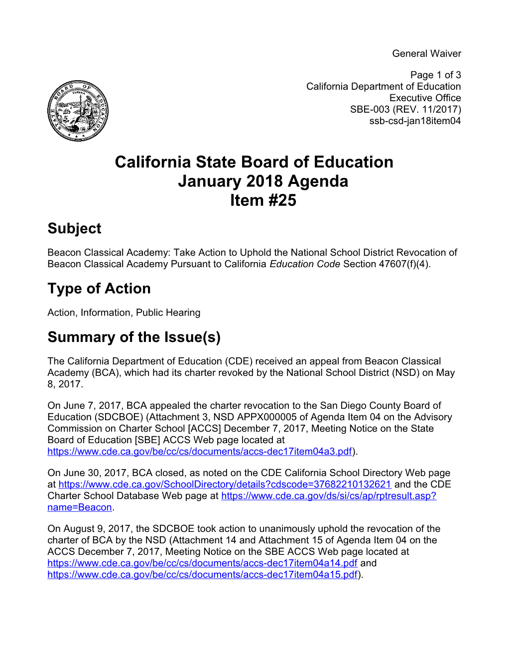 January 2018 Agenda Item 25 - Meeting Agendas (CA State Board of Education)