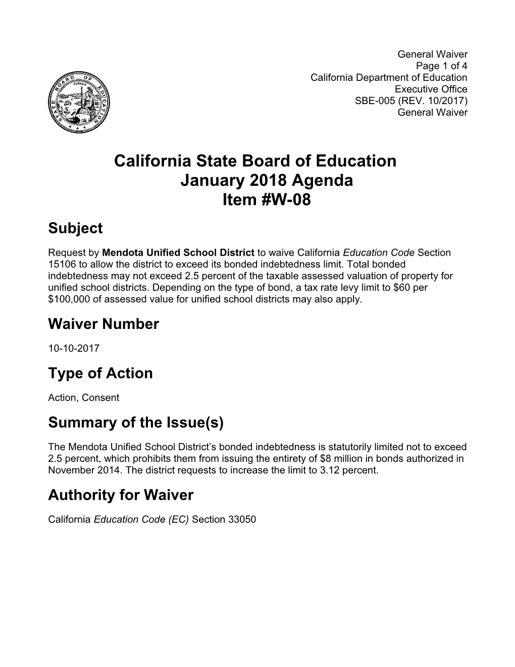 January 2018 Waiver Item W-08 - Meeting Agendas (CA State Board of Education)