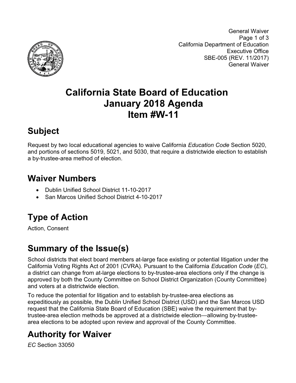 January 2018 Waiver Item W-11 - Meeting Agendas (CA State Board of Education)