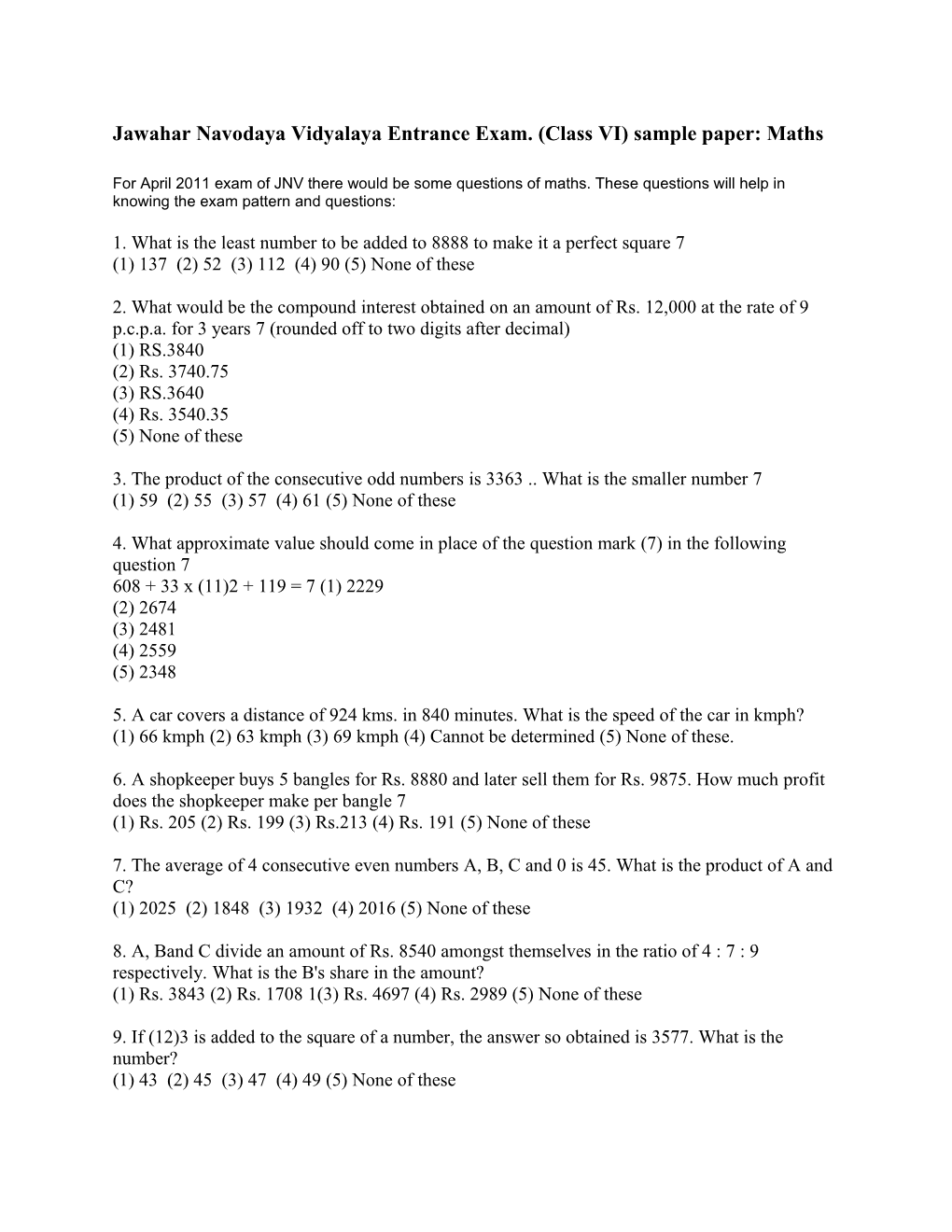 Jawaharnavodaya Vidyalaya Entrance Exam. (Class VI) Sample Paper: Maths