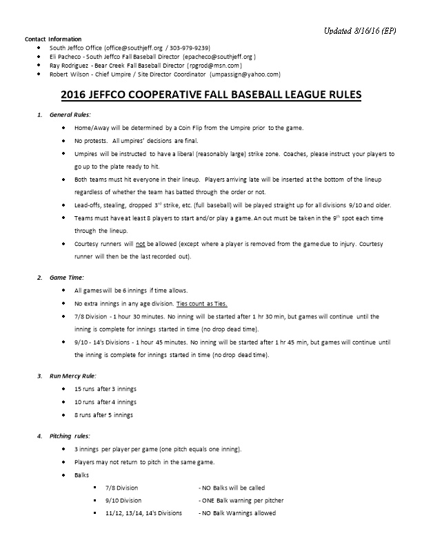 JEFFERSON COUNTY FALL BASEBALL LEAGUE RULES for 2008