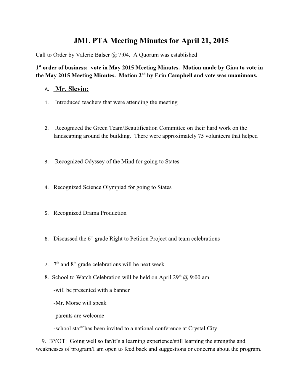 JML PTA Meeting Minutes for April 21, 2015