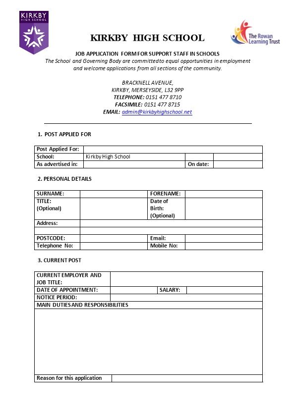 Job Application Form for Support Staff in Schools