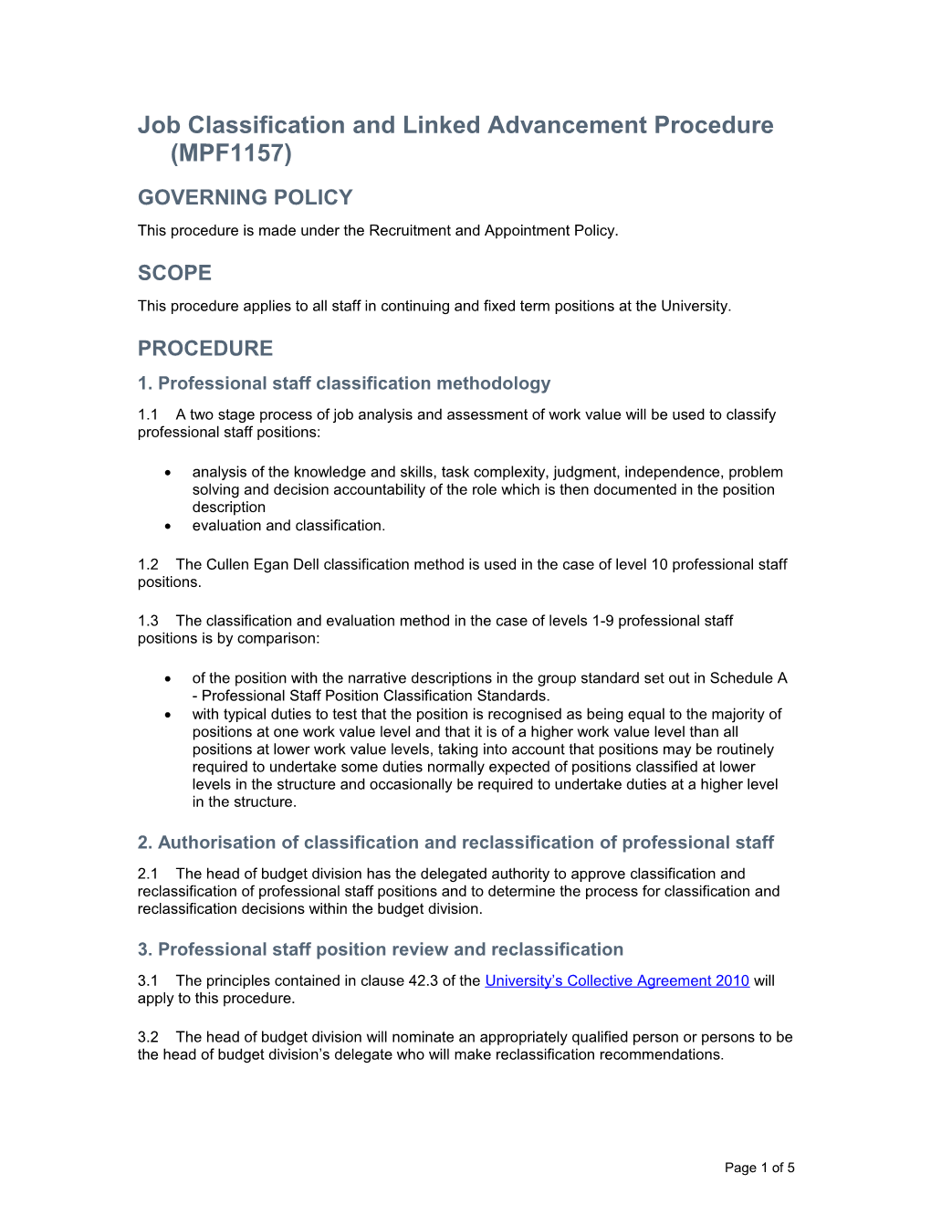 Job Classification and Linked Advancement Procedure (MPF1157)